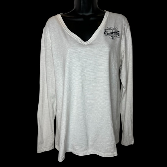 XL Carhartt Women’s Ivory/Gray Subtle Stripe V-Neck Long Sleeve T-Shirt w/Logo - Picture 3 of 8